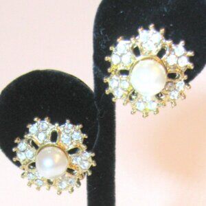 Vintage Richelieu Crystal and Pearl Flower Clip Earrings
